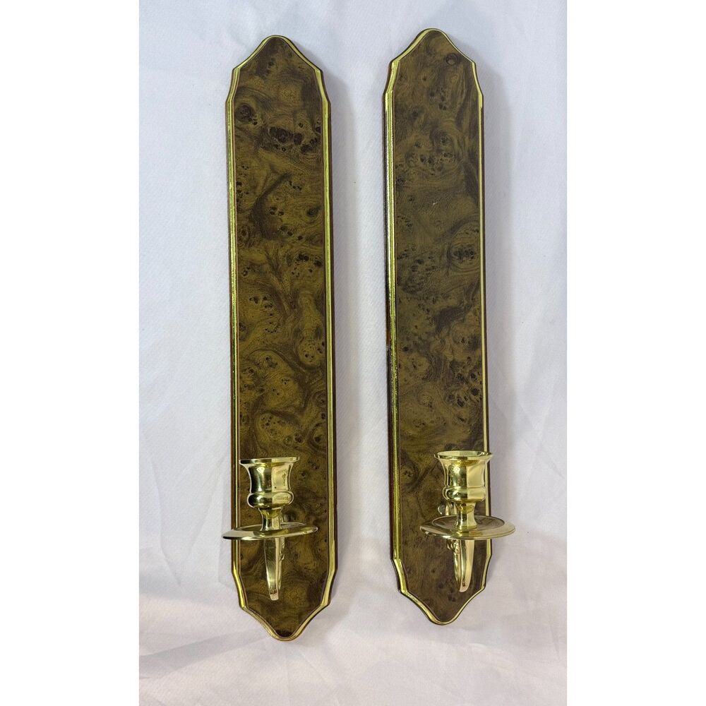 Vtg MCM Candle Holder Wall Sconce Faux Burl Wood Gold Accent Brass Tone 1970s
